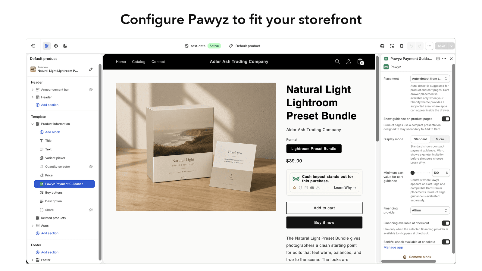 Theme Editor showing Pawyz storefront configuration