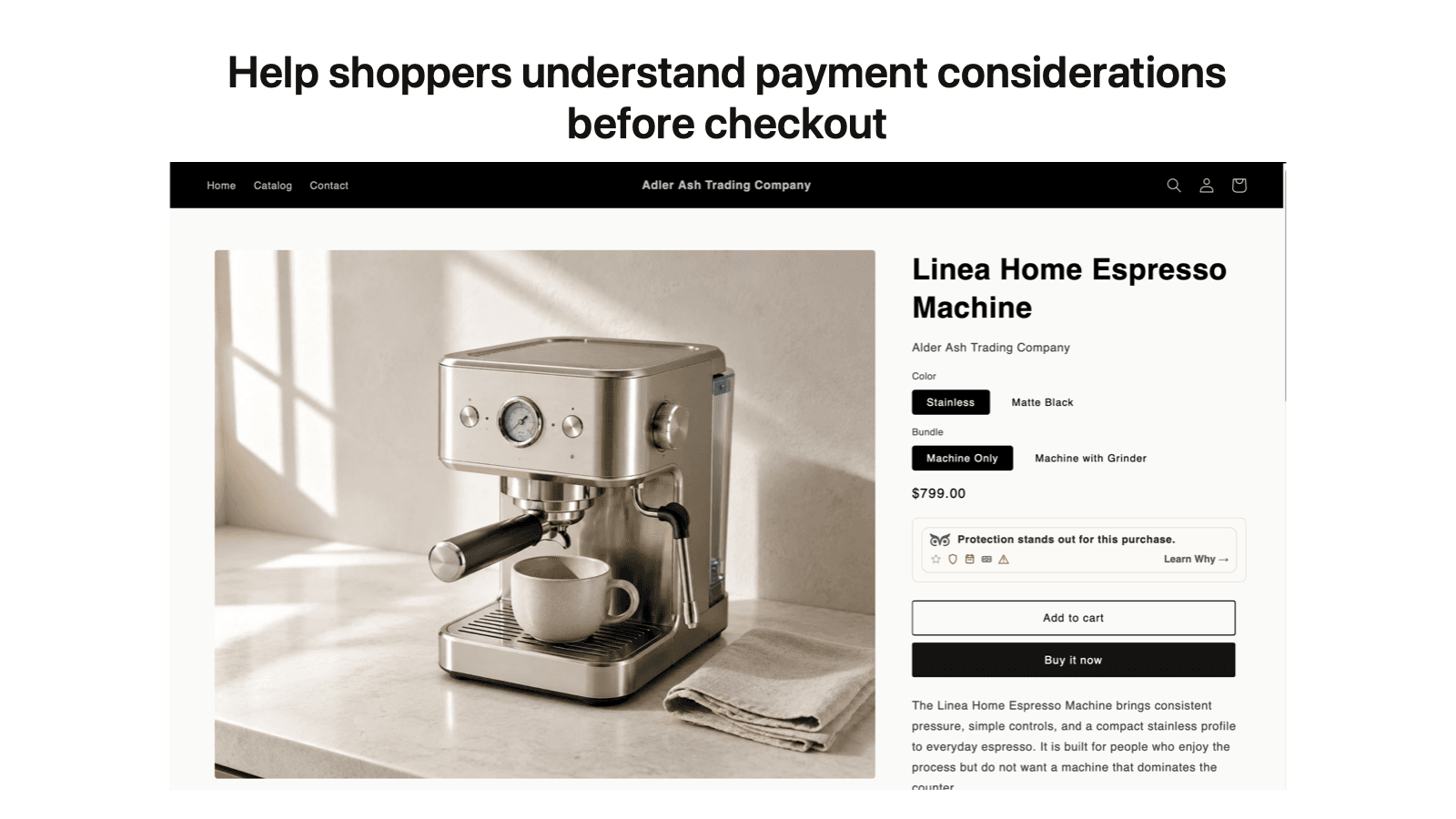 Espresso machine product page showing compact Pawyz payment guidance